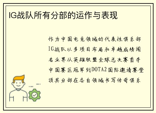 IG战队所有分部的运作与表现