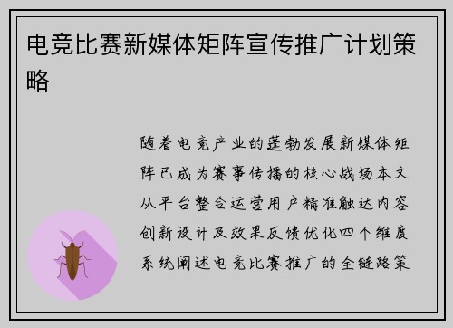 电竞比赛新媒体矩阵宣传推广计划策略