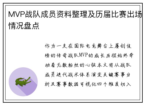 MVP战队成员资料整理及历届比赛出场情况盘点